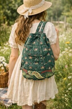 PIERRE DEUX French Country Green Floral Quilted Back Pack Sling Bag Vintage
